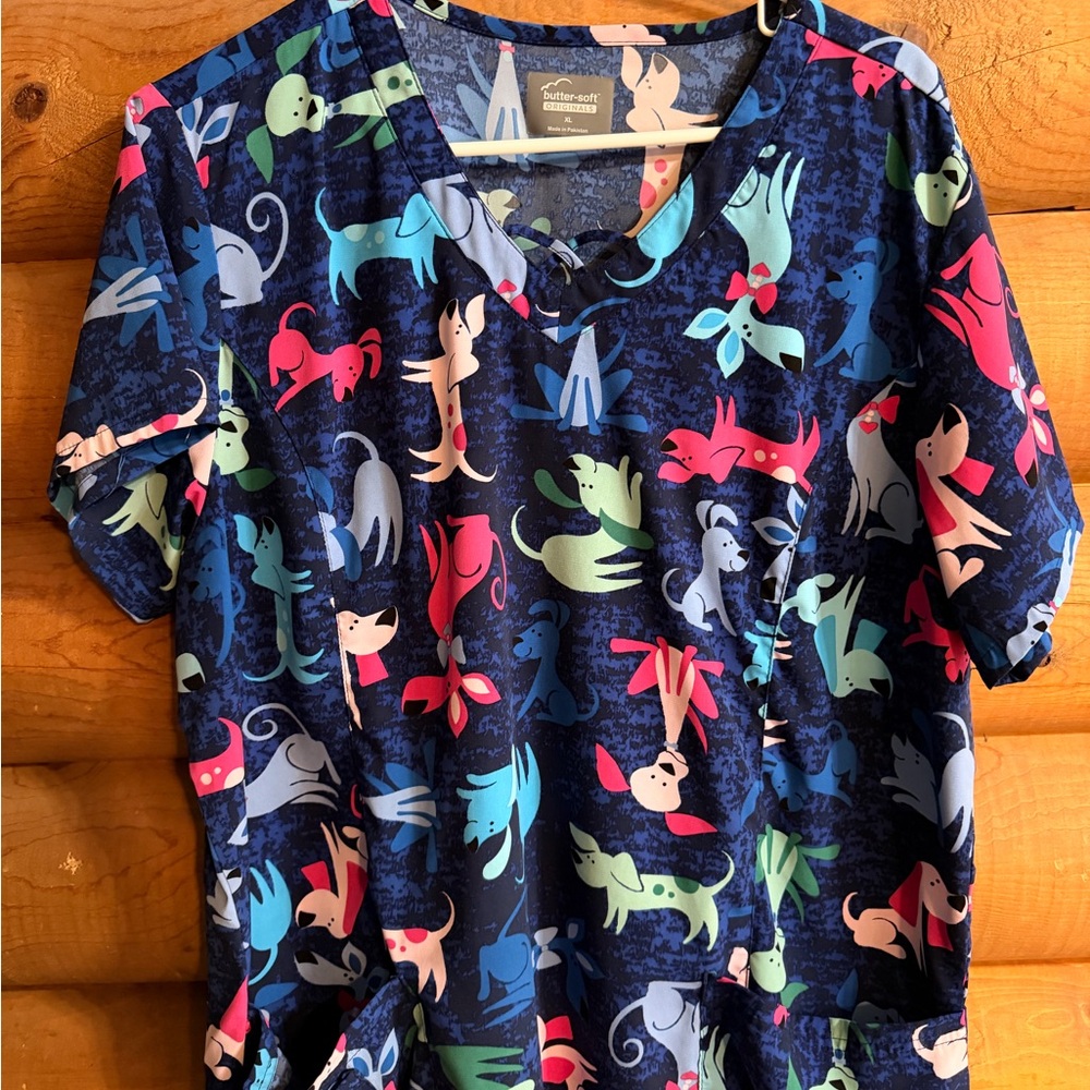 Colorful Dog Print Scrub Top